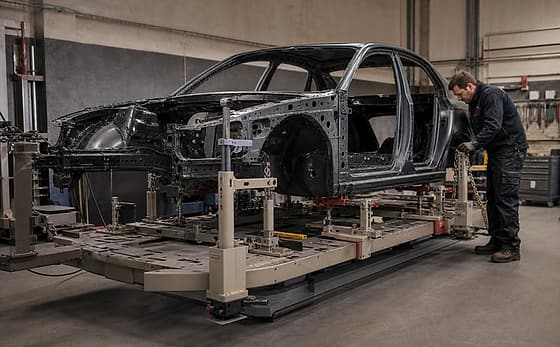 Кузов автомобиля закреплён на стапеле для восстановления геометрии